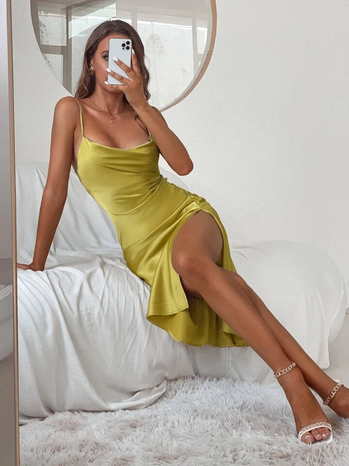 Draped backless split thigh cami dress in yellow