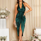 Draped backless halterneck dress in green