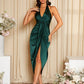Draped backless halterneck dress in green