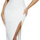 Draped front split thigh bustier dress in white