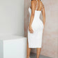 Draped front split thigh bustier dress in white