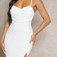 Draped front split thigh bustier dress in white