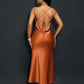 Draped neck cross open back fishtail dress in brown