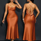 Draped neck cross open back fishtail dress in brown