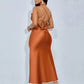 Draped neck cross open back fishtail dress in brown