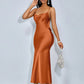 Draped neck cross open back fishtail dress in brown
