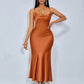 Draped neck cross open back fishtail dress in brown