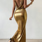 Draped neck mermaid maxi dress in gold