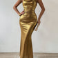 Draped neck mermaid maxi dress in gold