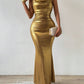 Draped neck mermaid maxi dress in gold