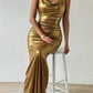 Draped neck mermaid maxi dress in gold
