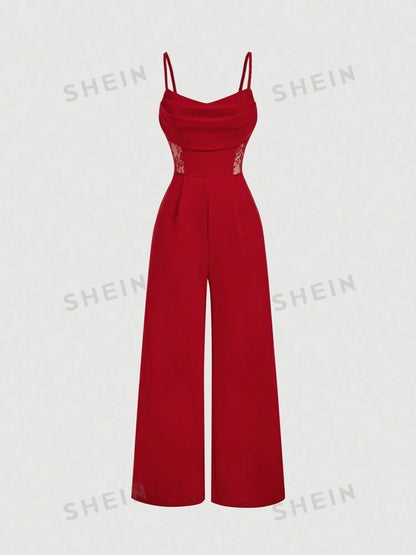 Draped neck retro lace hollow out jumpsuit in red