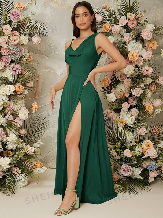 Draped neck split thigh dress in green