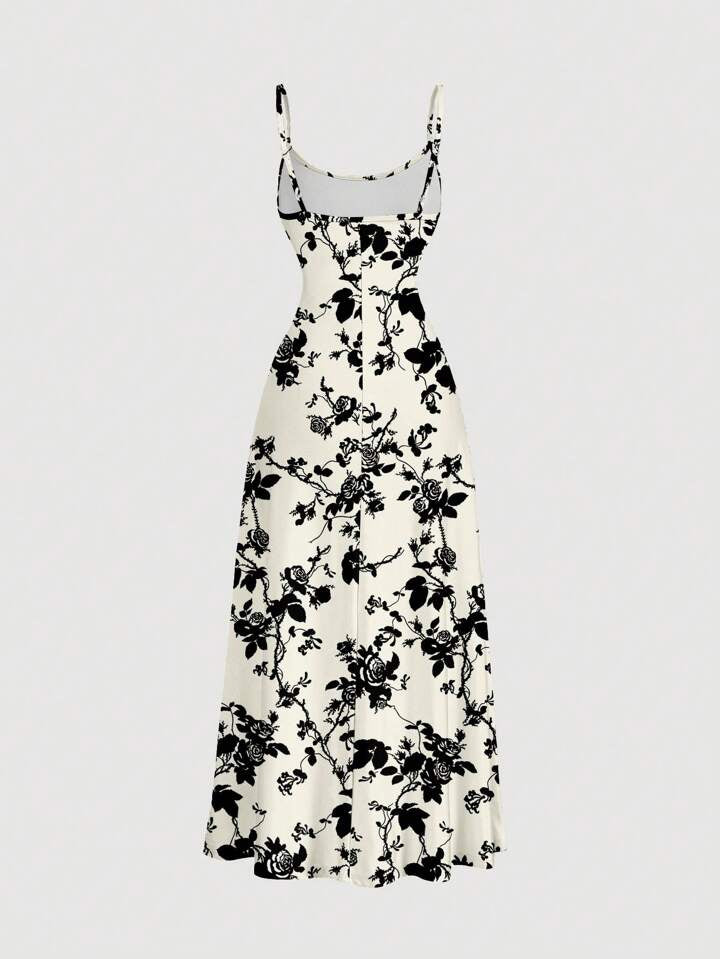Ruched waist flared hem strap dress in multi