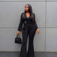 V-neck long sleeve top & metal buckle pants in black
