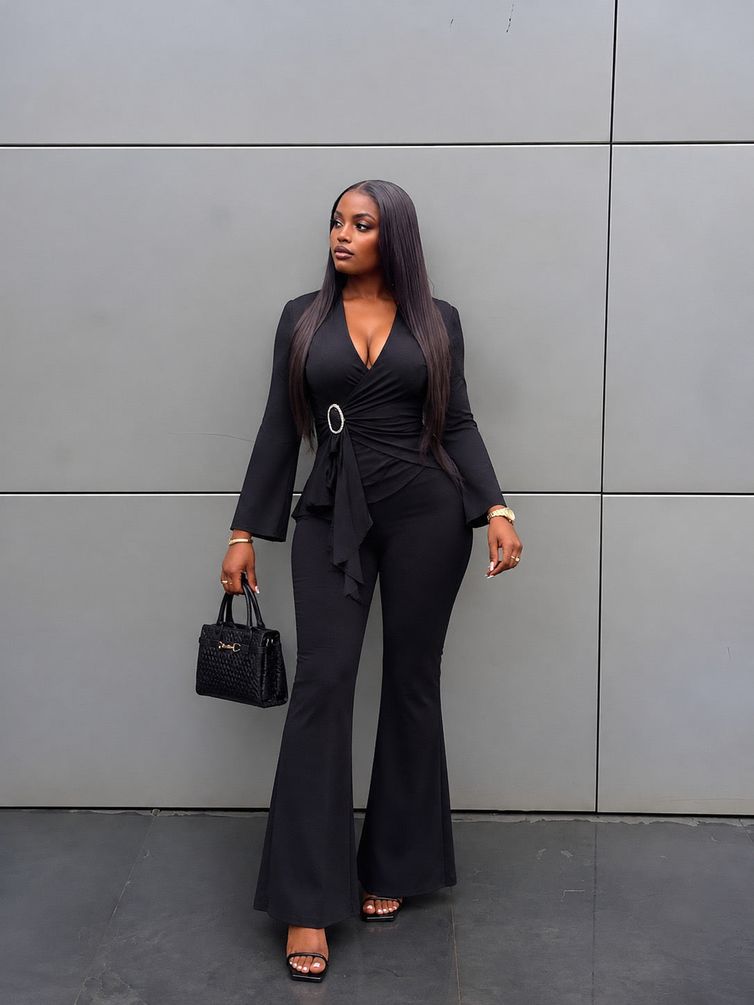 V-neck long sleeve top & metal buckle pants in black