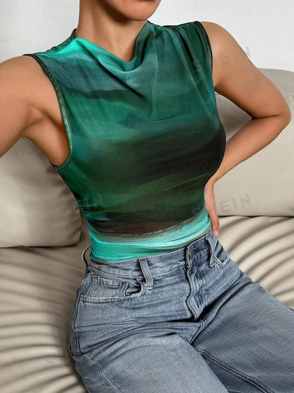 Essnce ombre pleated waist cinched bodysuit in green