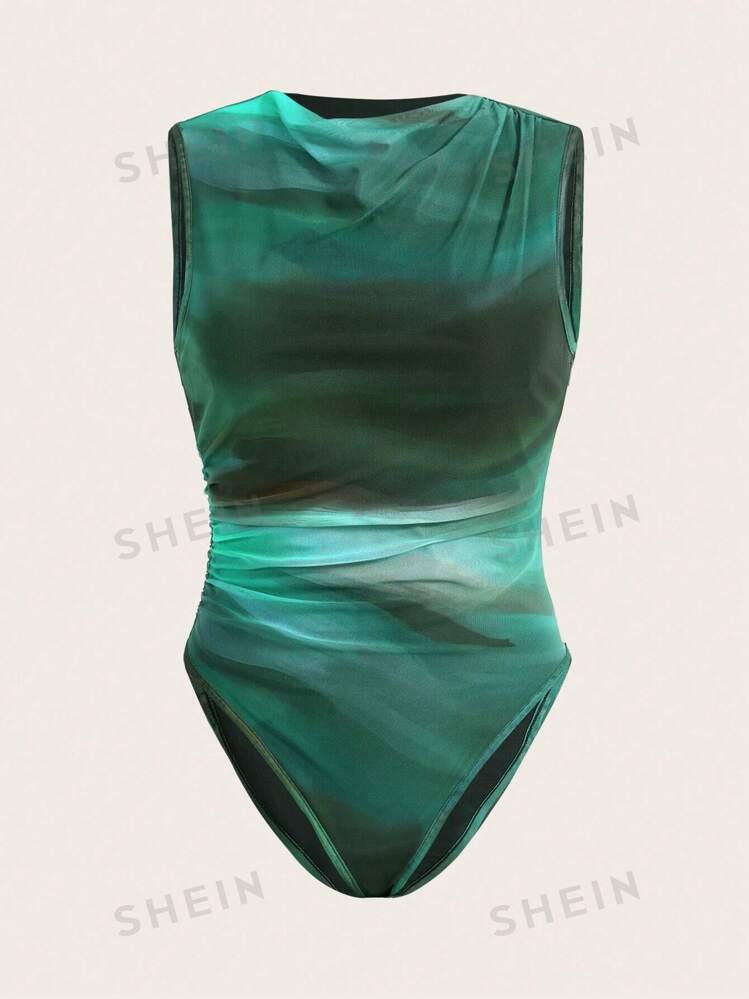 Essnce ombre pleated waist cinched bodysuit in green