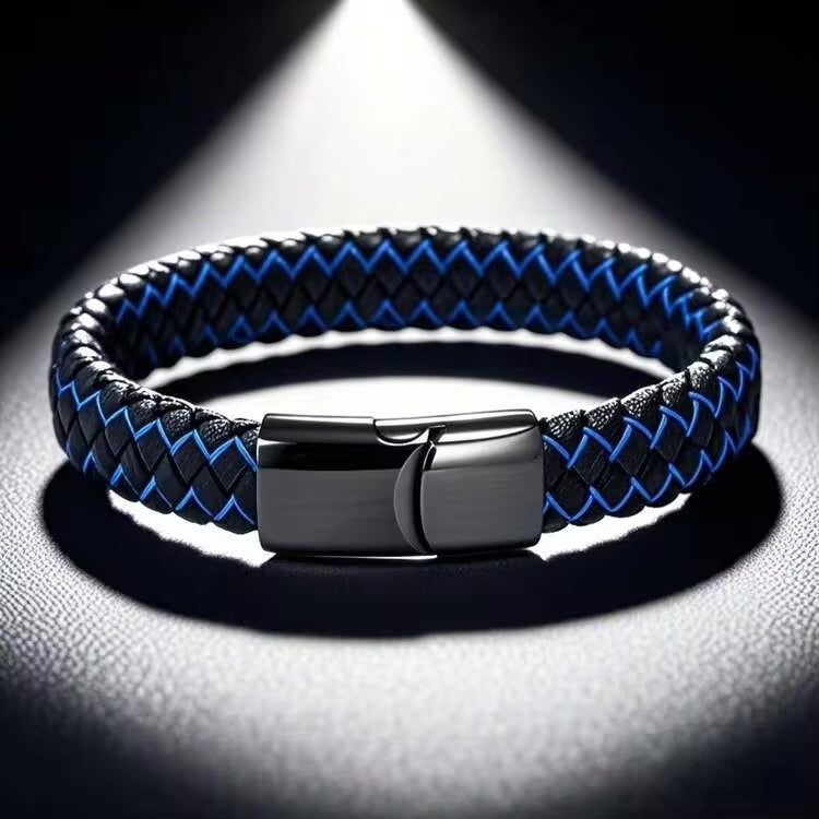 Titanium steel braided leather wristband
