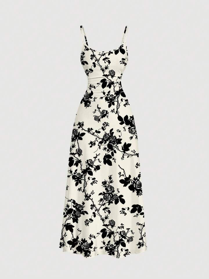 Ruched waist flared hem strap dress in multi