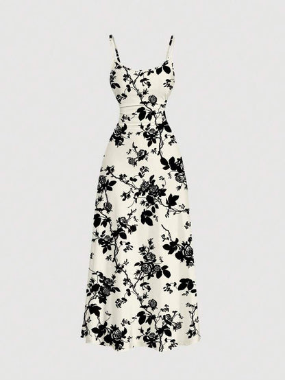 Ruched waist flared hem strap dress in multi