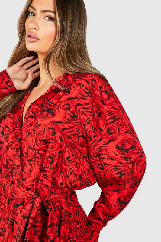 Floral batwing belted shirt dress in red