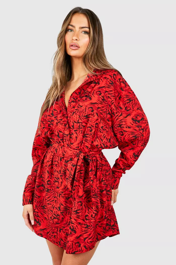 Floral batwing belted shirt dress in red