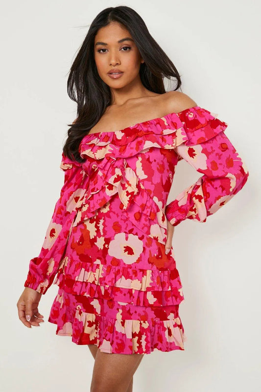 Floral off shoulder mini dress in red