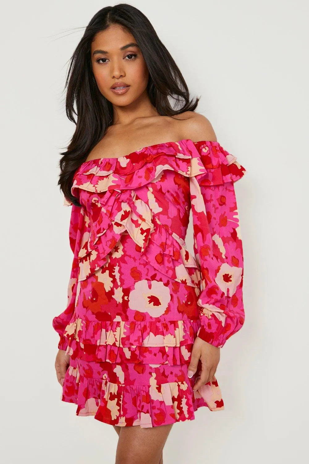 Floral off shoulder mini dress in red