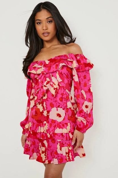Floral off shoulder mini dress in red