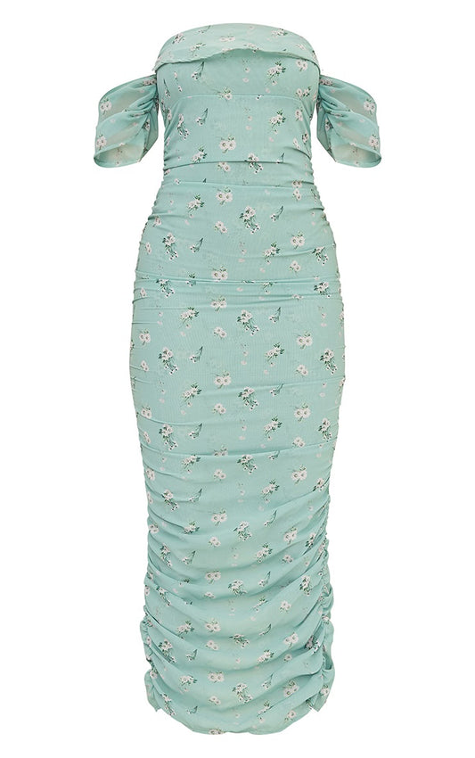 Floral print drape bardot midi dress in green