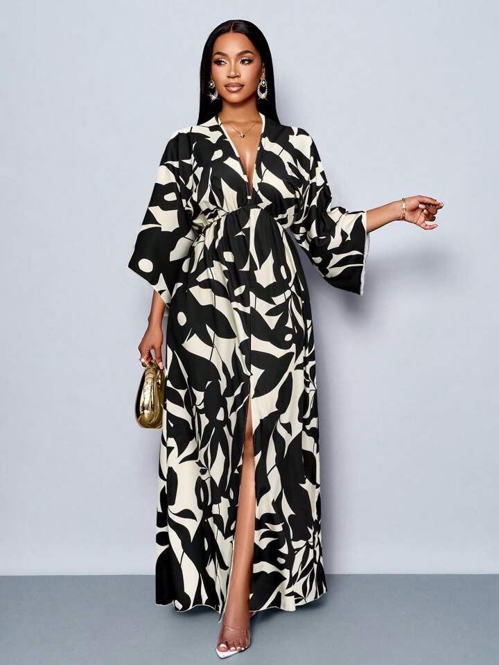 Floral printed v-neck long ruffle sleeve split thigh maxi in black