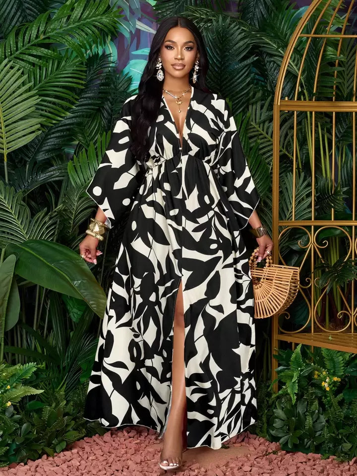 Floral printed v-neck long ruffle sleeve split thigh maxi in black