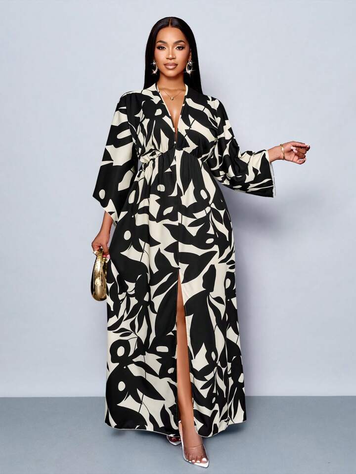 Floral printed v-neck long ruffle sleeve split thigh maxi in black