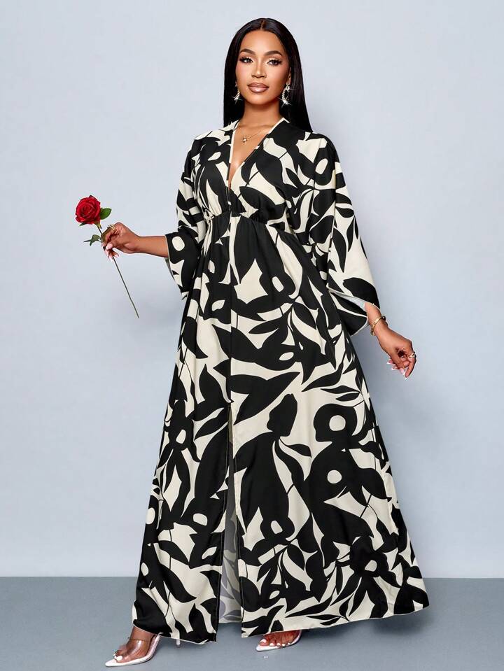 Floral printed v-neck long ruffle sleeve split thigh maxi in black