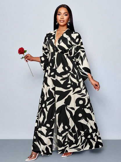 Floral printed v-neck long ruffle sleeve split thigh maxi in black