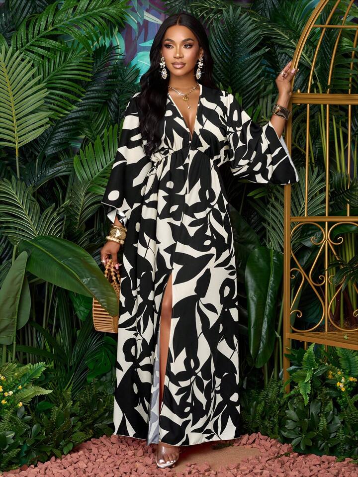 Floral printed v-neck long ruffle sleeve split thigh maxi in black