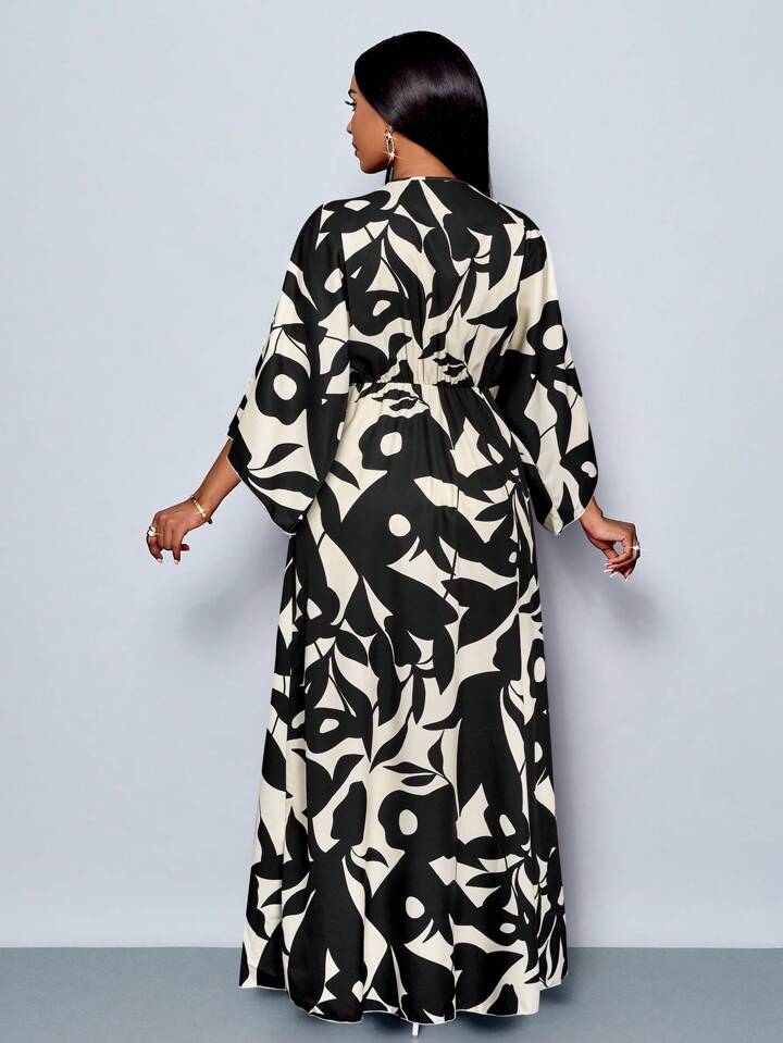 Floral printed v-neck long ruffle sleeve split thigh maxi in black