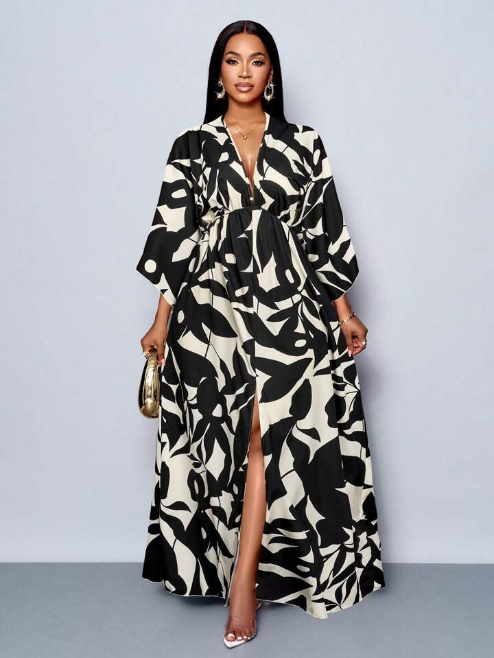 Floral printed v-neck long ruffle sleeve split thigh maxi in black