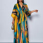 Floral printed v-neck long ruffle sleeve split thigh maxi in green