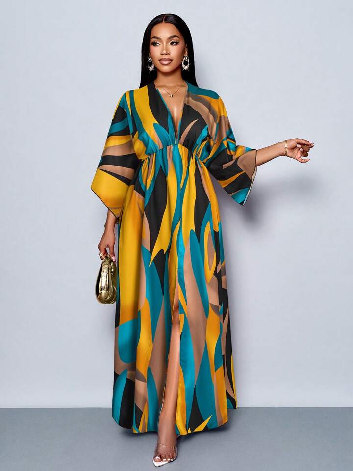 Floral printed v-neck long ruffle sleeve split thigh maxi in green