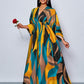 Floral printed v-neck long ruffle sleeve split thigh maxi in green