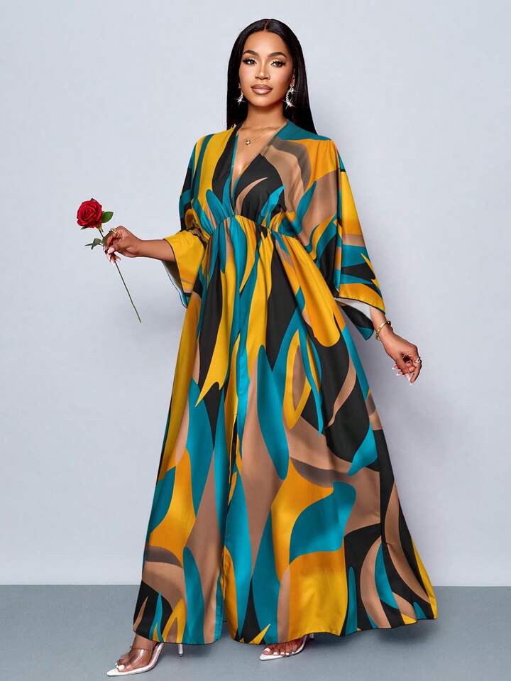 Floral printed v-neck long ruffle sleeve split thigh maxi in green