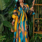 Floral printed v-neck long ruffle sleeve split thigh maxi in green