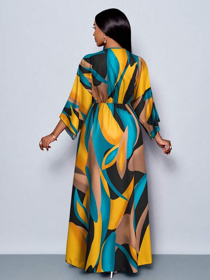 Floral printed v-neck long ruffle sleeve split thigh maxi in green