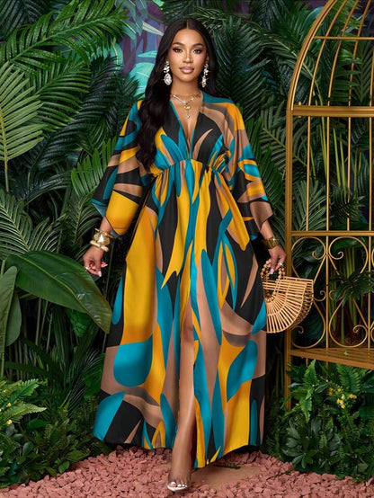 Floral printed v-neck long ruffle sleeve split thigh maxi in green