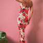 Floral print plisse strappy maxi dress in nude