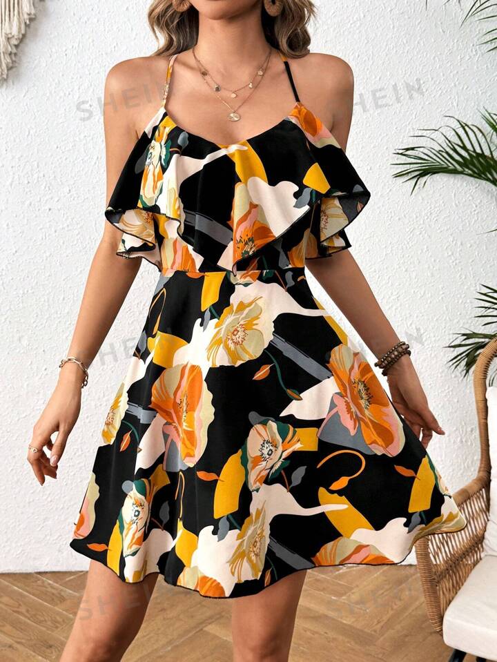 Floral print ruffle hem & trimmed spaghetti strap dress in yellow