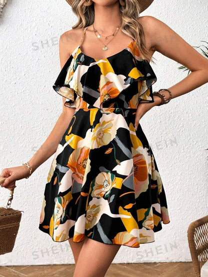 Floral print ruffle hem & trimmed spaghetti strap dress in yellow