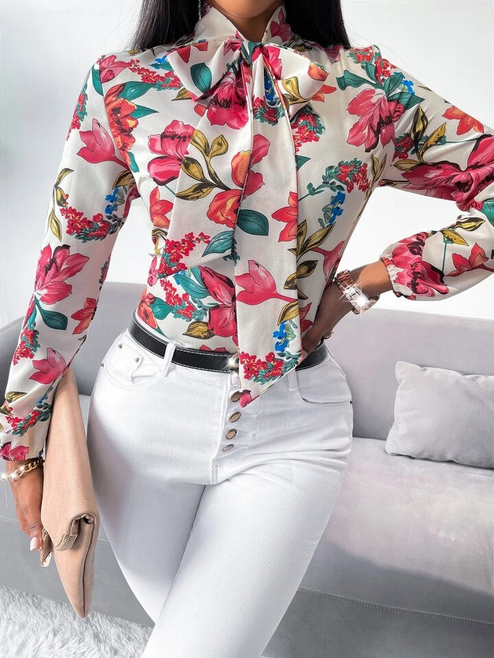 Floral print tie neck blouse in multi